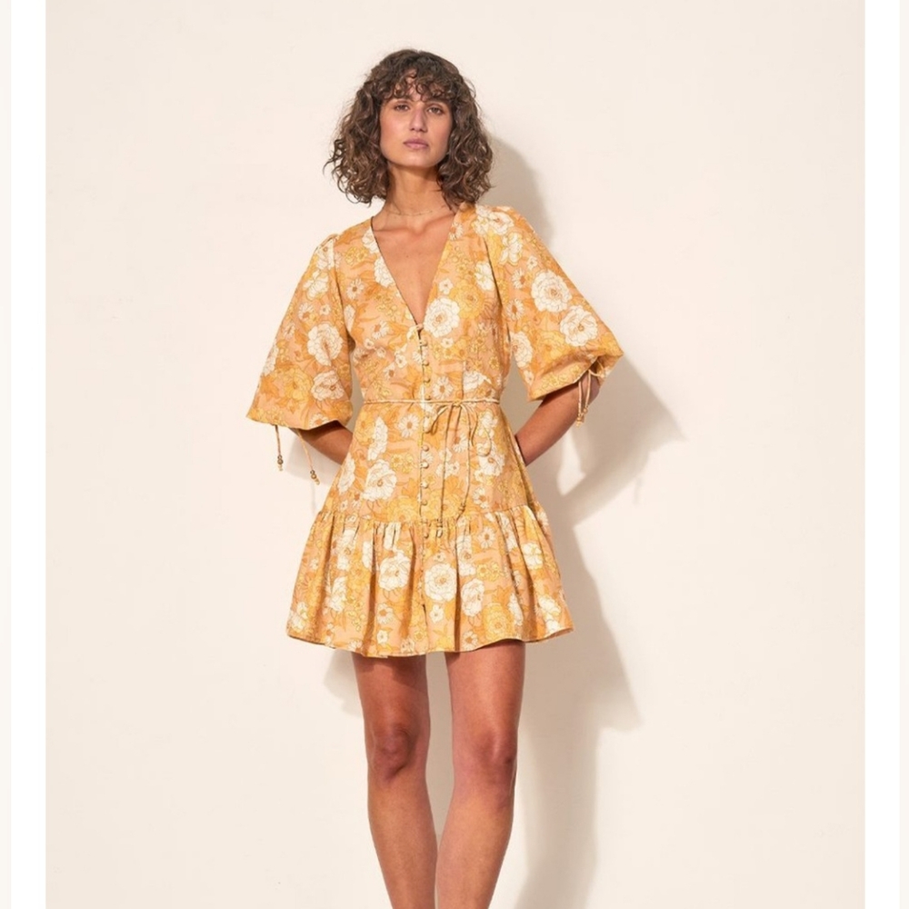 KIVARI Margaux Button Through Mini Dress- Yellow V-Neck Orang Floral Size 6